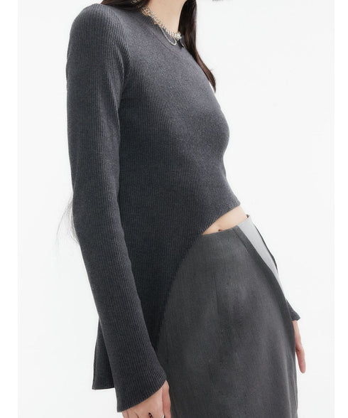 Asymmetric Plaid Sleeve Knit Top